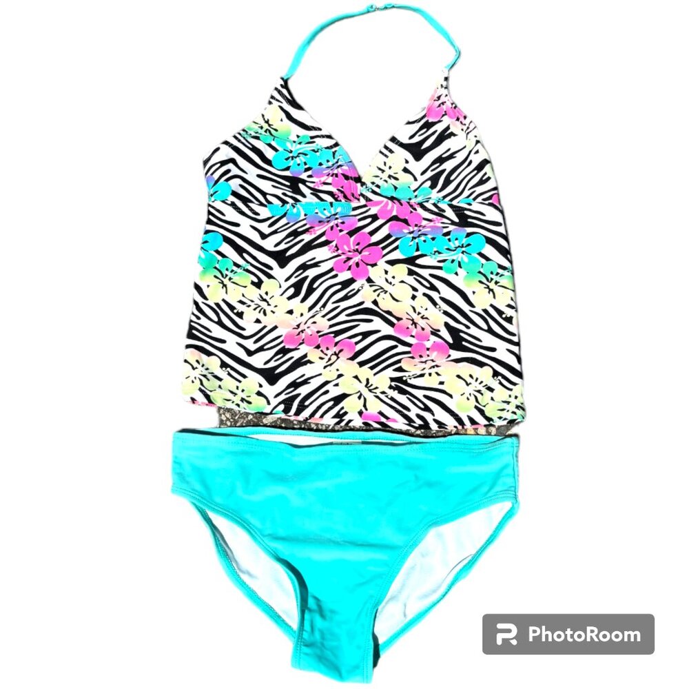 OP Girl's Tropical Hawaiian 2 Piece Tankini‎ Swimsuit Bikini sz M 7-8